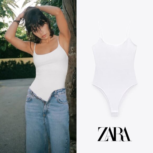 Zara White Thin Shoulder Strap Layered Bodysuit Tank Top Thong Stretch Size M - Picture 1 of 15